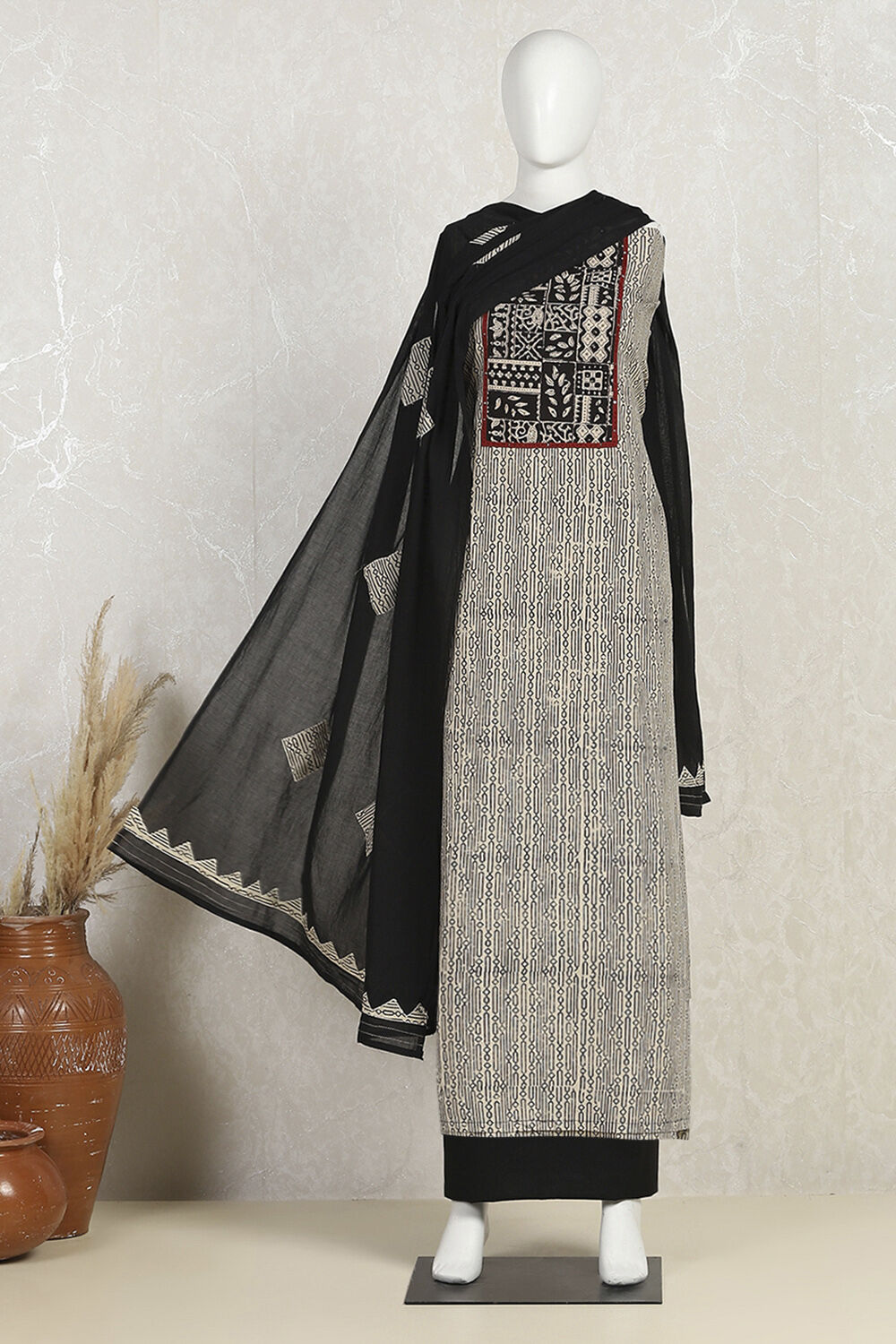 Black Cotton Hand Block Print Unstitched Suit Set image number 4