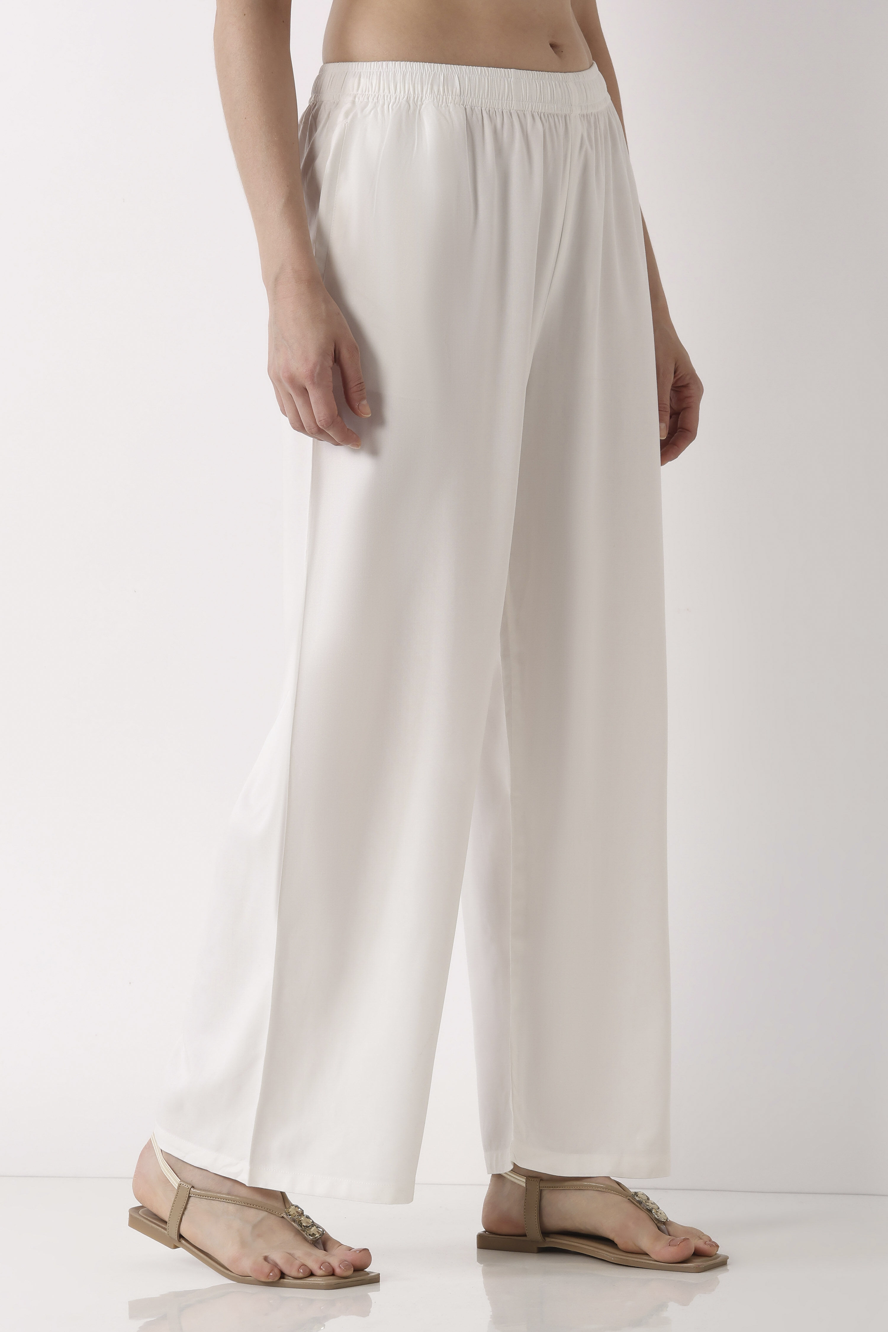 White Viscose Rayon Straight Palazzos image number 3
