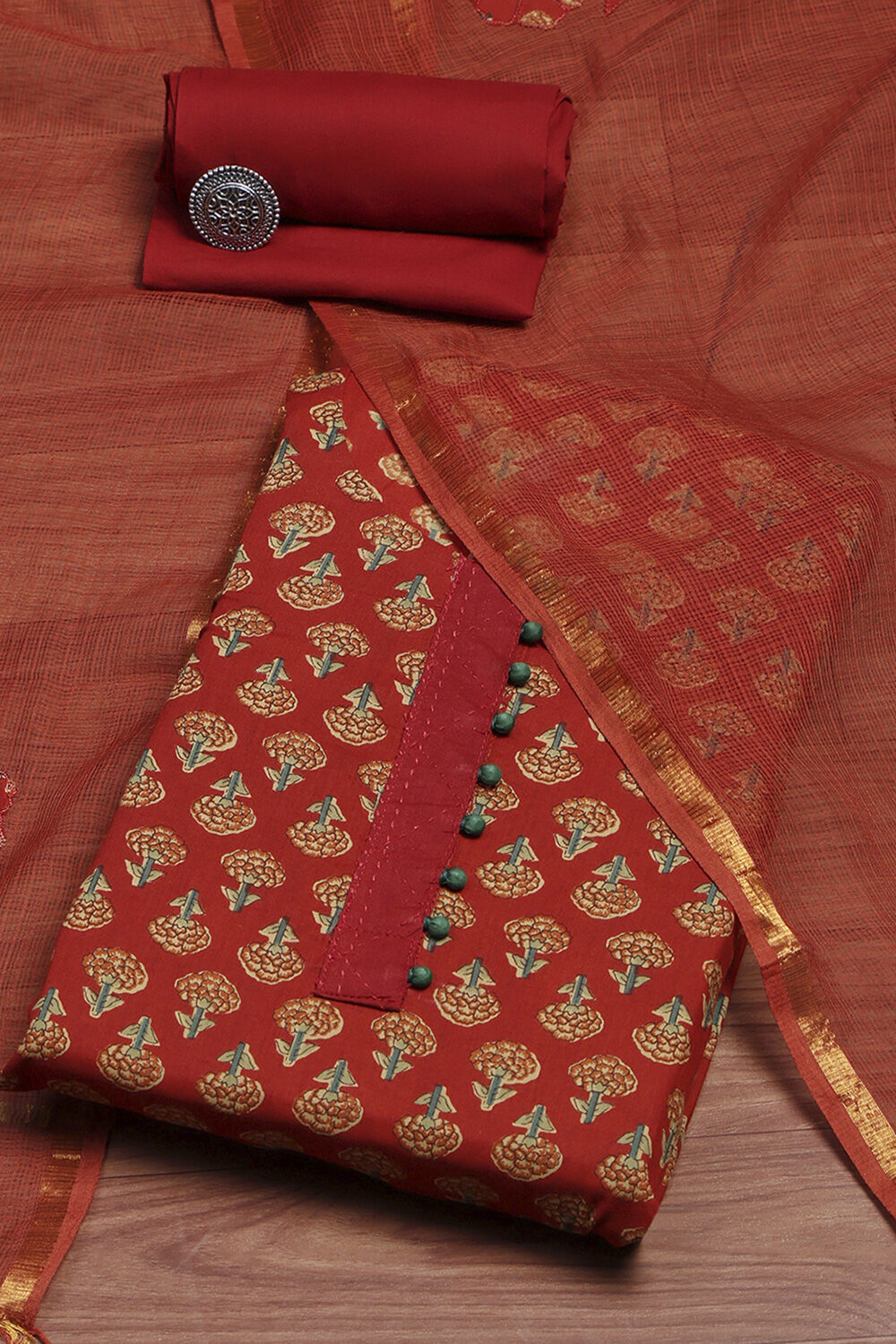 Blue Cotton Screen Print Unstitched Suit Set image number 0