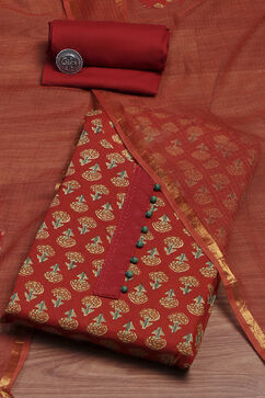 Red Cotton Screen Print Unstitched Suit Set image number 0