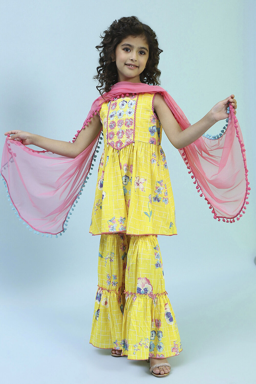 Yellow Cotton Peplum Gathered Suit Set image number 0