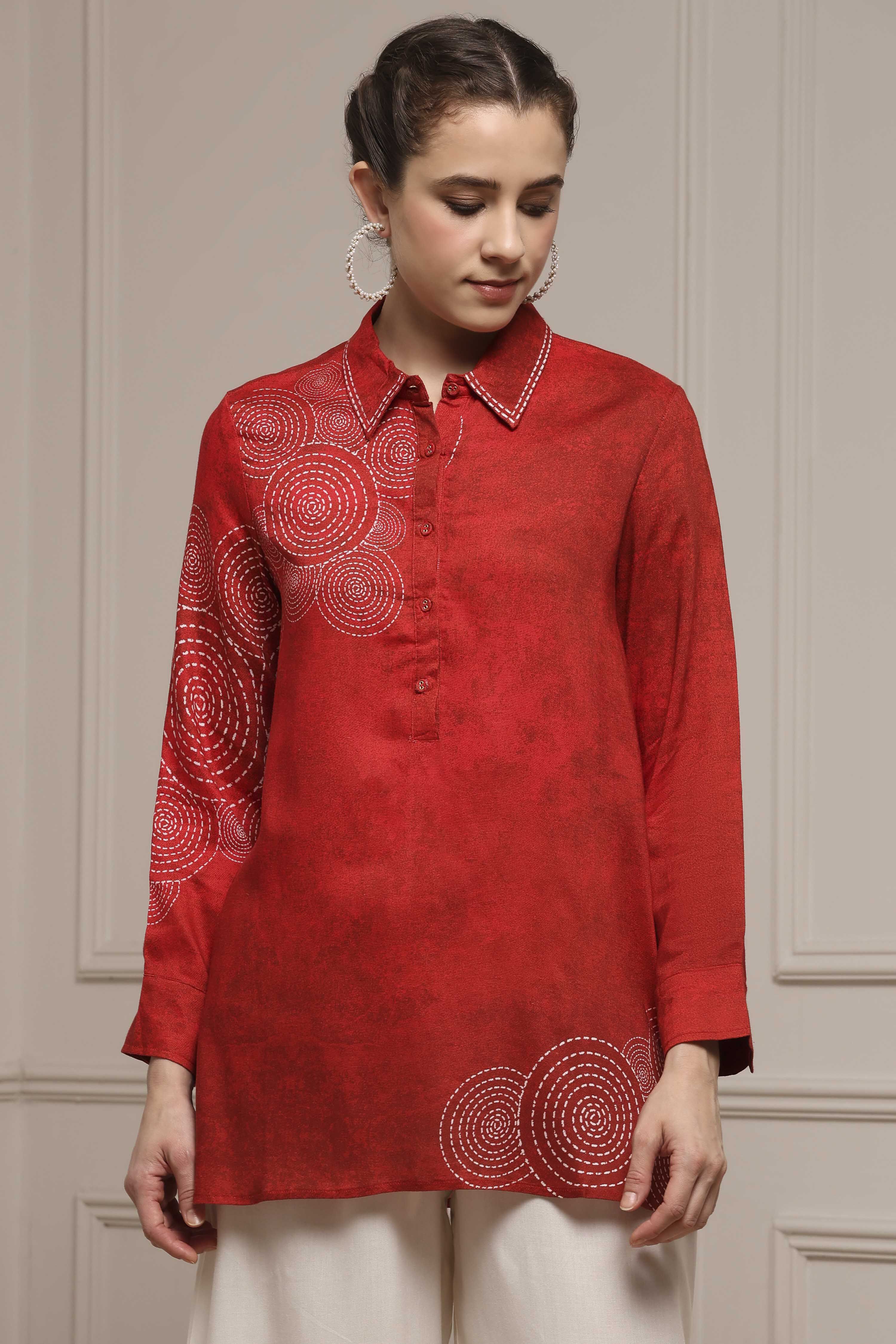 Red Viscose Rayon A-Line Printed Top image number 5