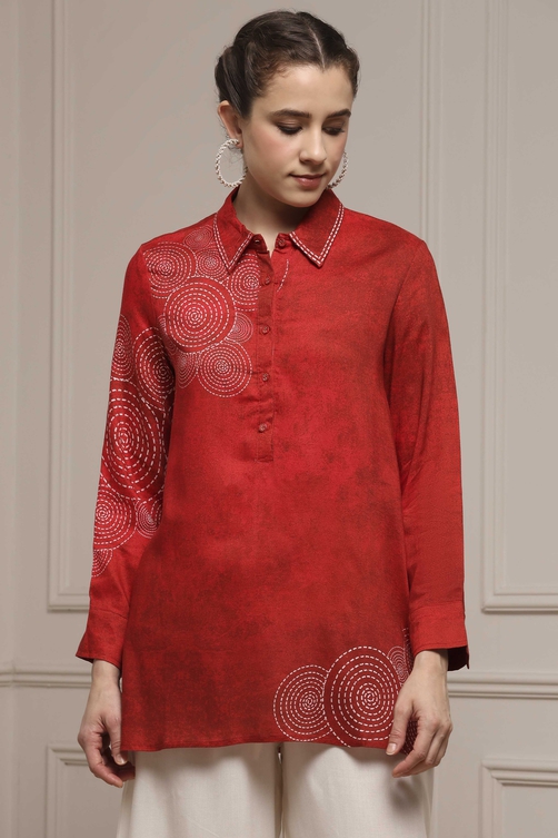 Blue Viscose Rayon A-Line Printed Top image number 5
