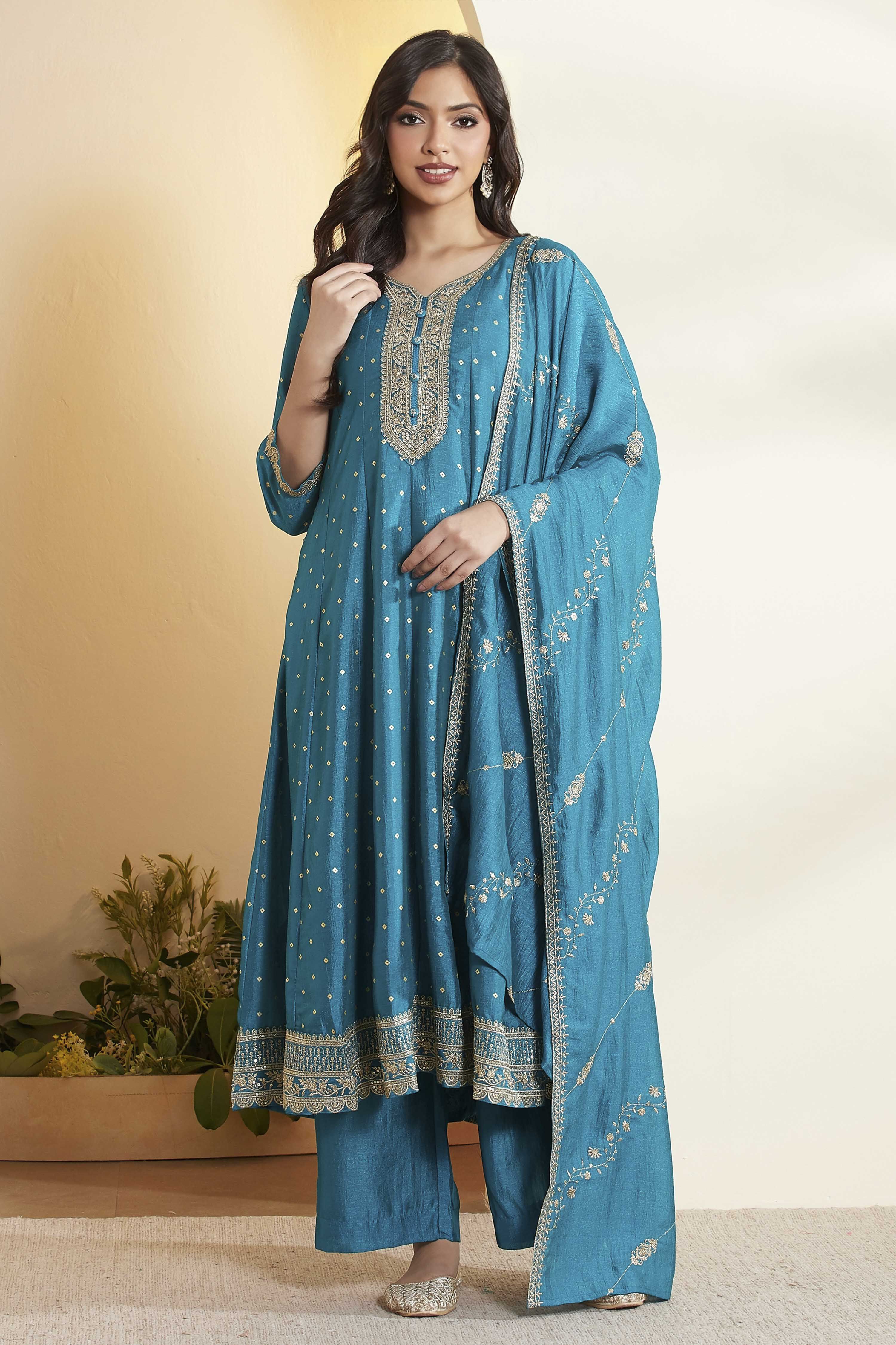 Blue Cotton Kalidar Suit Set image number 7