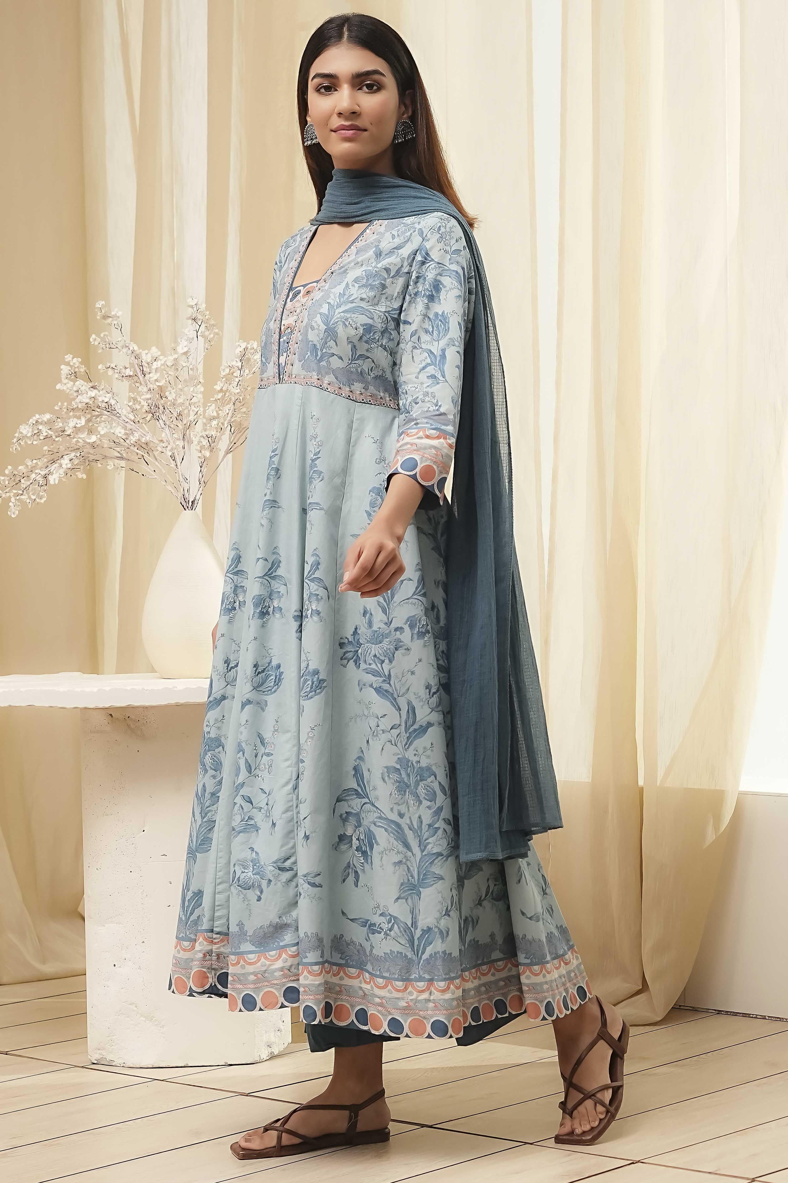 Dull Blue Cotton Floral Anarkali Suit Set image number 3