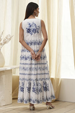 Off-White and Blue Cotton Floral Tiered Dress image number 3