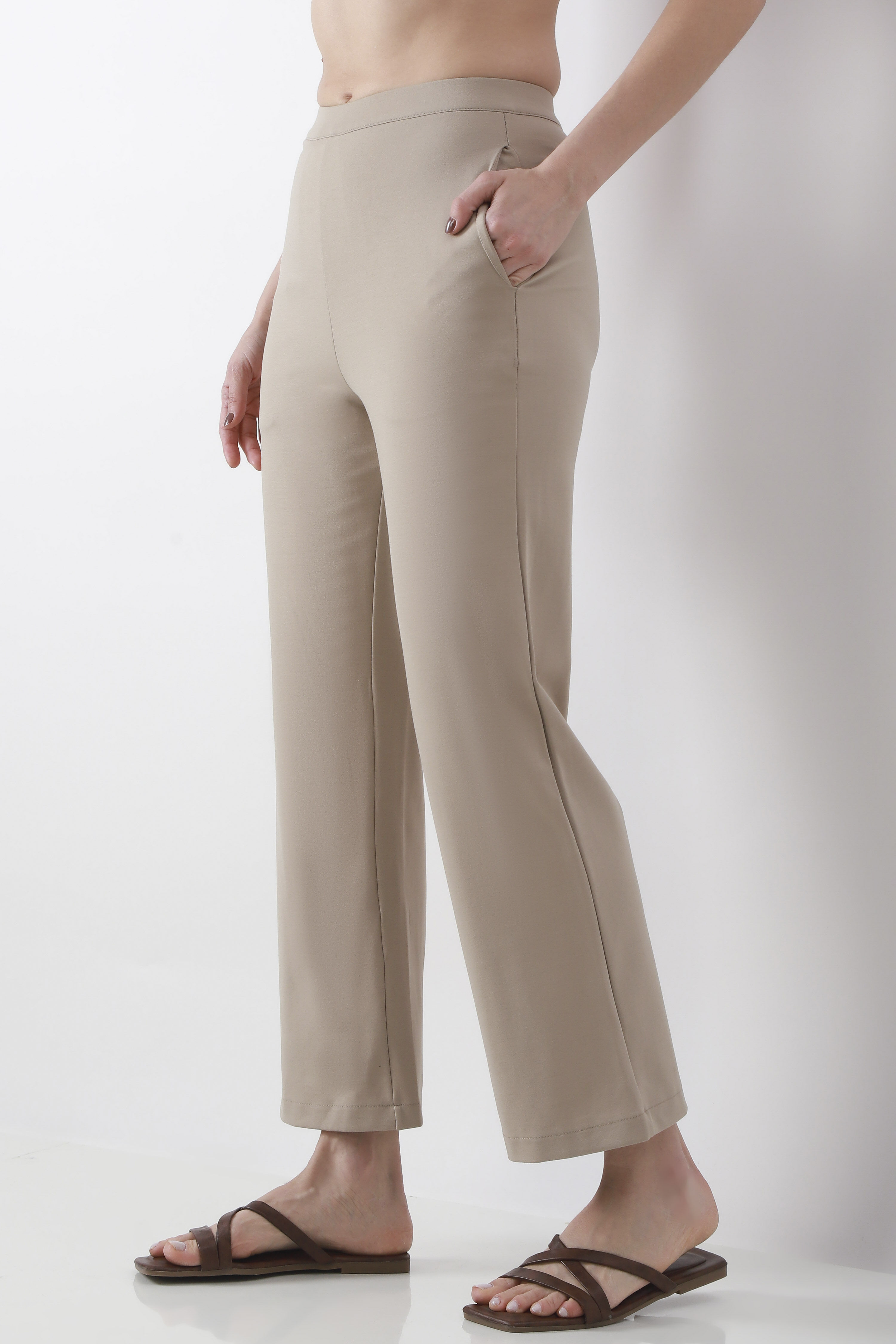 Beige Viscose Blend Wide Leg Pants image number 2
