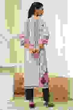 Off-White and Pink Cotton Straight Kurta image number 3