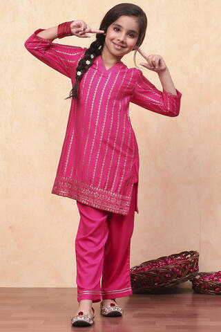 BIBA Pink Cotton Printed Straight Kurta Pants Set in Fuchsia Pink