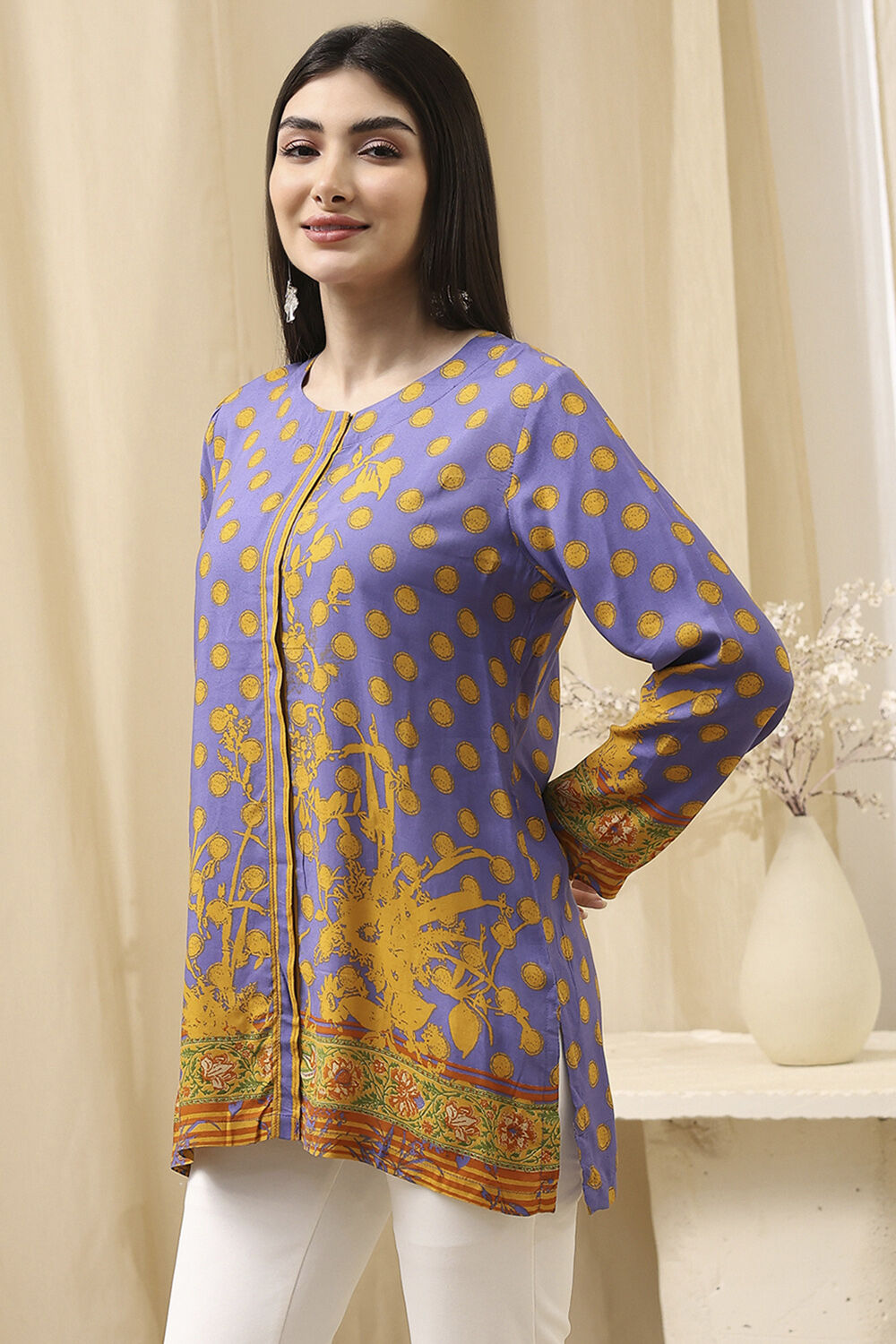 Purple Muslin Printed Straight Short Kurta image number 2