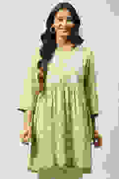 Green Cotton Flared Printed Kurti image number 0