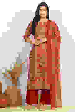 Red Cotton Digital Print Unstitched Suit Set image number 7