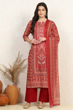 Red Cotton Digital Print Unstitched Suit Set image number 7