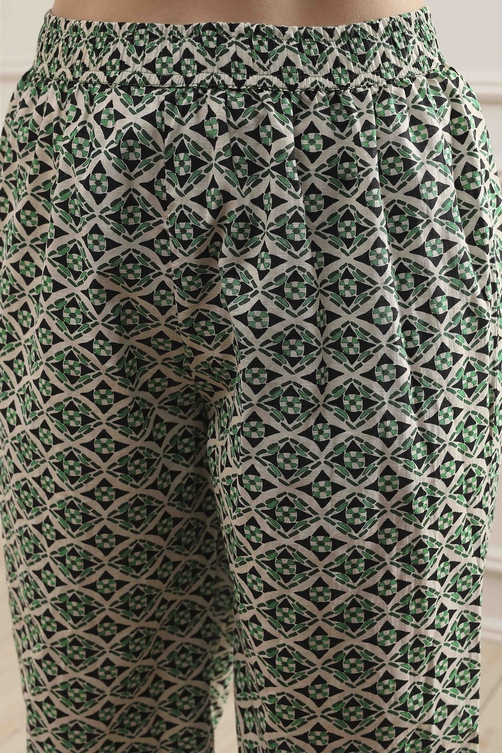 Green Cotton Printed Straight Kurta Palazzo Set image number 2