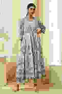 Beige and Blue Printed Front Open Kurta Set image number 6