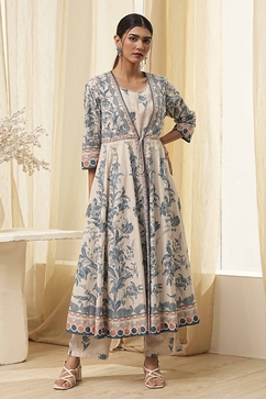 Beige and Blue Printed Front Open Kurta Set image number 6