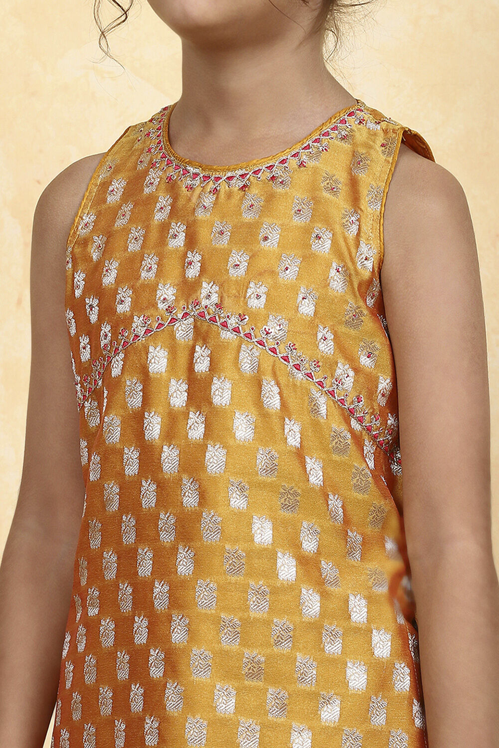 Yellow Brocade Yarndyed Fitted Sharara Suit Set image number 1