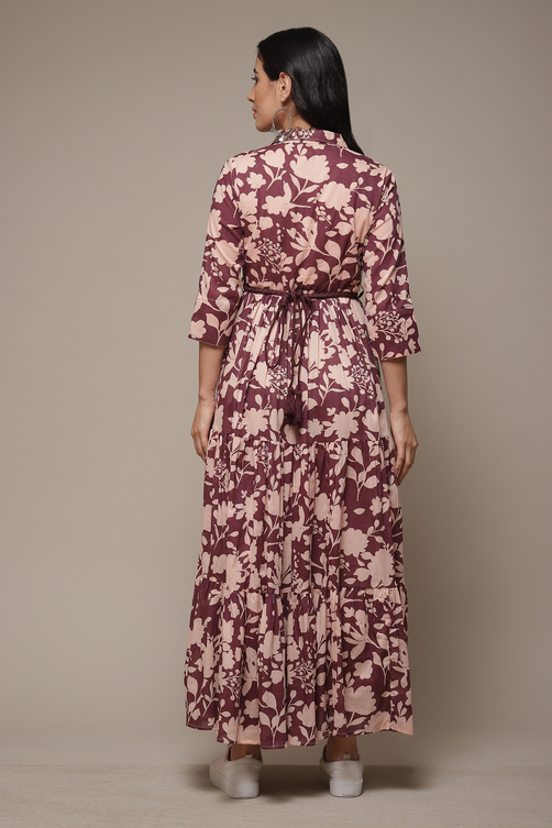Beige Cotton Tiered Printed Dress image number 2
