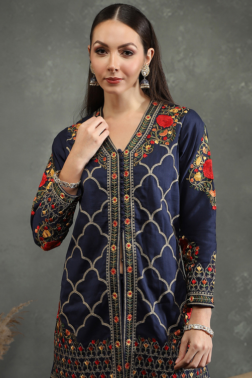 Rohit Bal Blue Silk Chanderi Floral Straight Suit Set image number 1