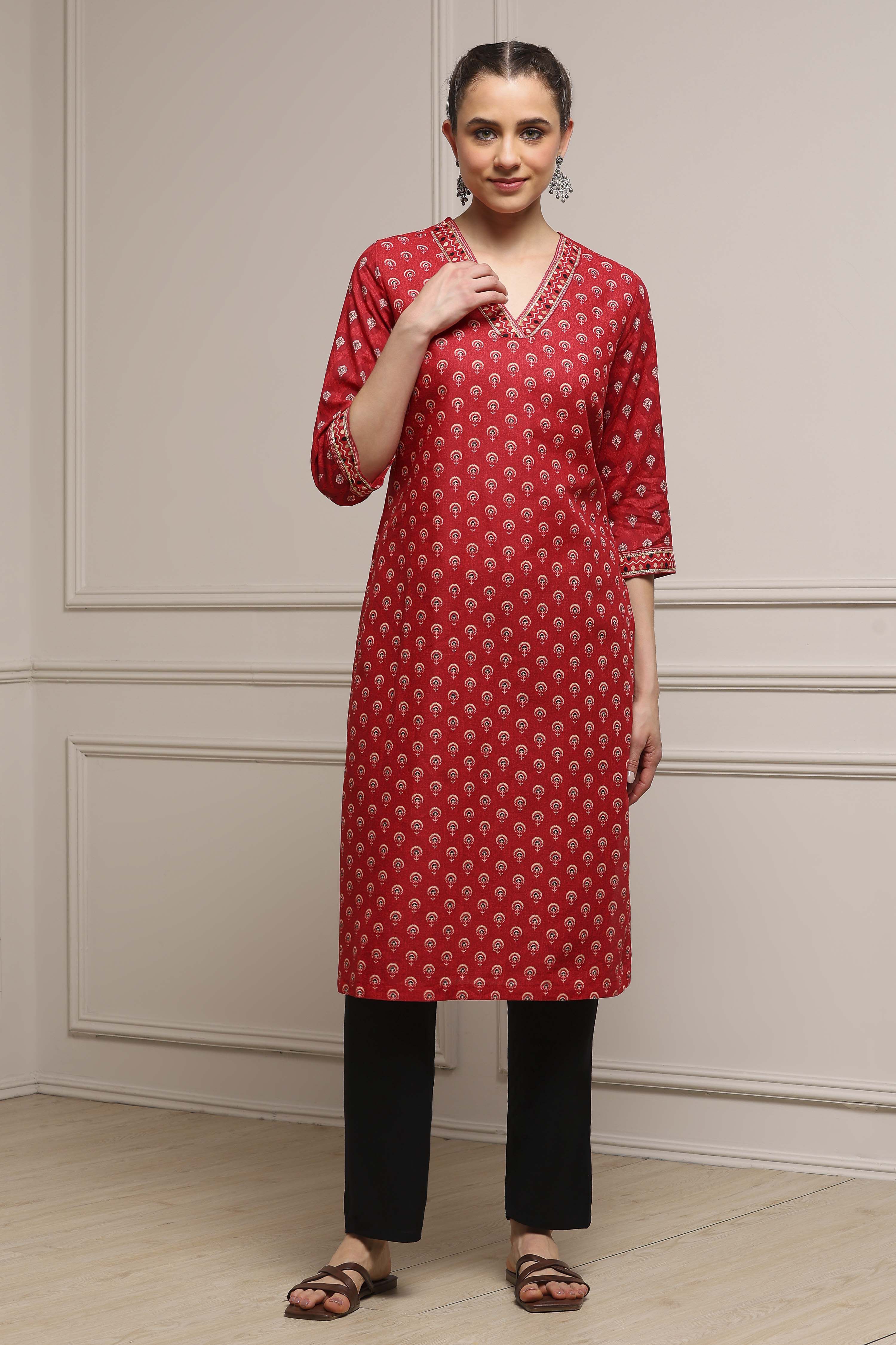 Red Cotton Straight Printed Kurta image number 5