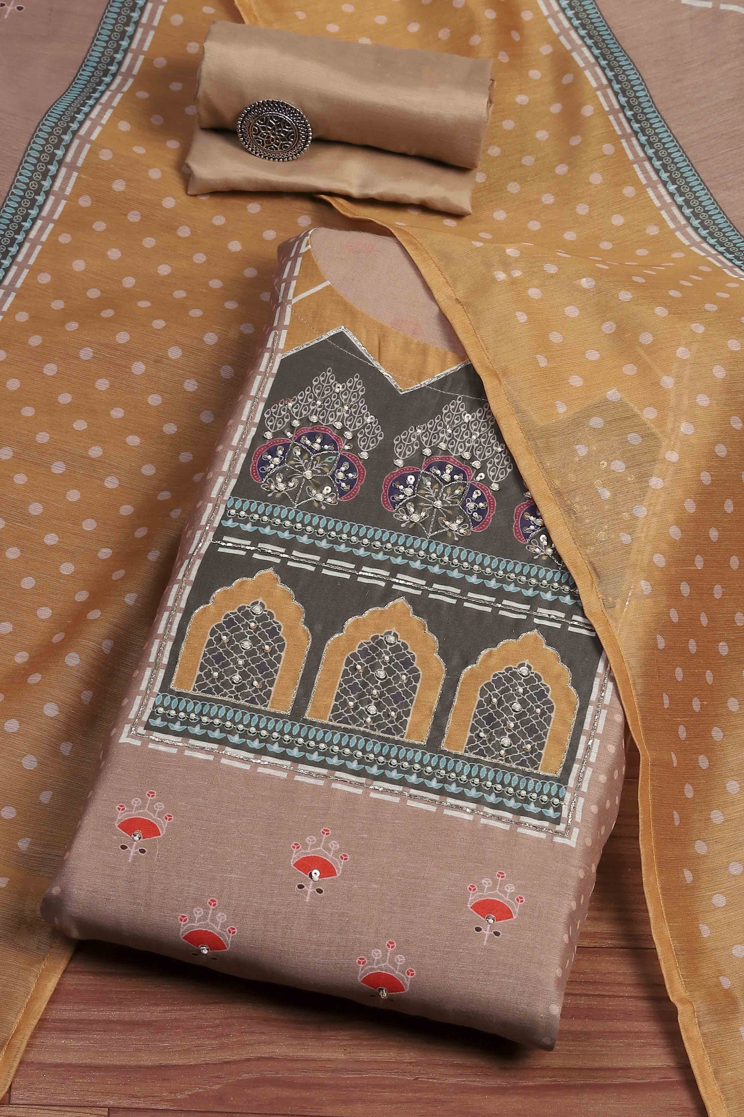 Brown Chanderi Blend Printed Embroidered Unstitched Suit Set image number 0