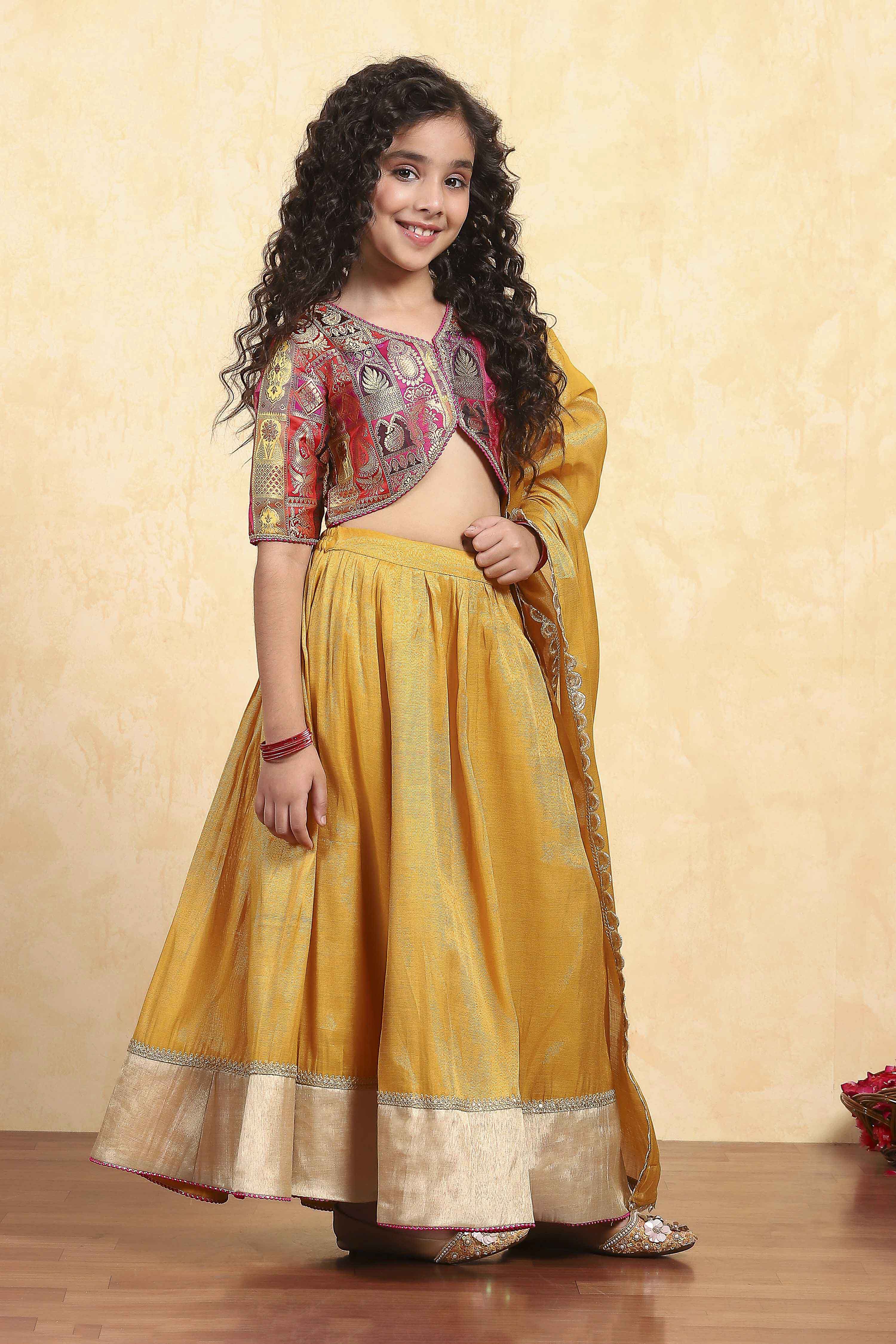 Mustard Yellow Polyester Gathered Lehenga Set image number 5