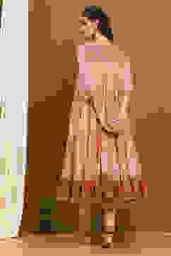 Ecru Cotton Printed Tiered Anarkali Suit Set image number 4