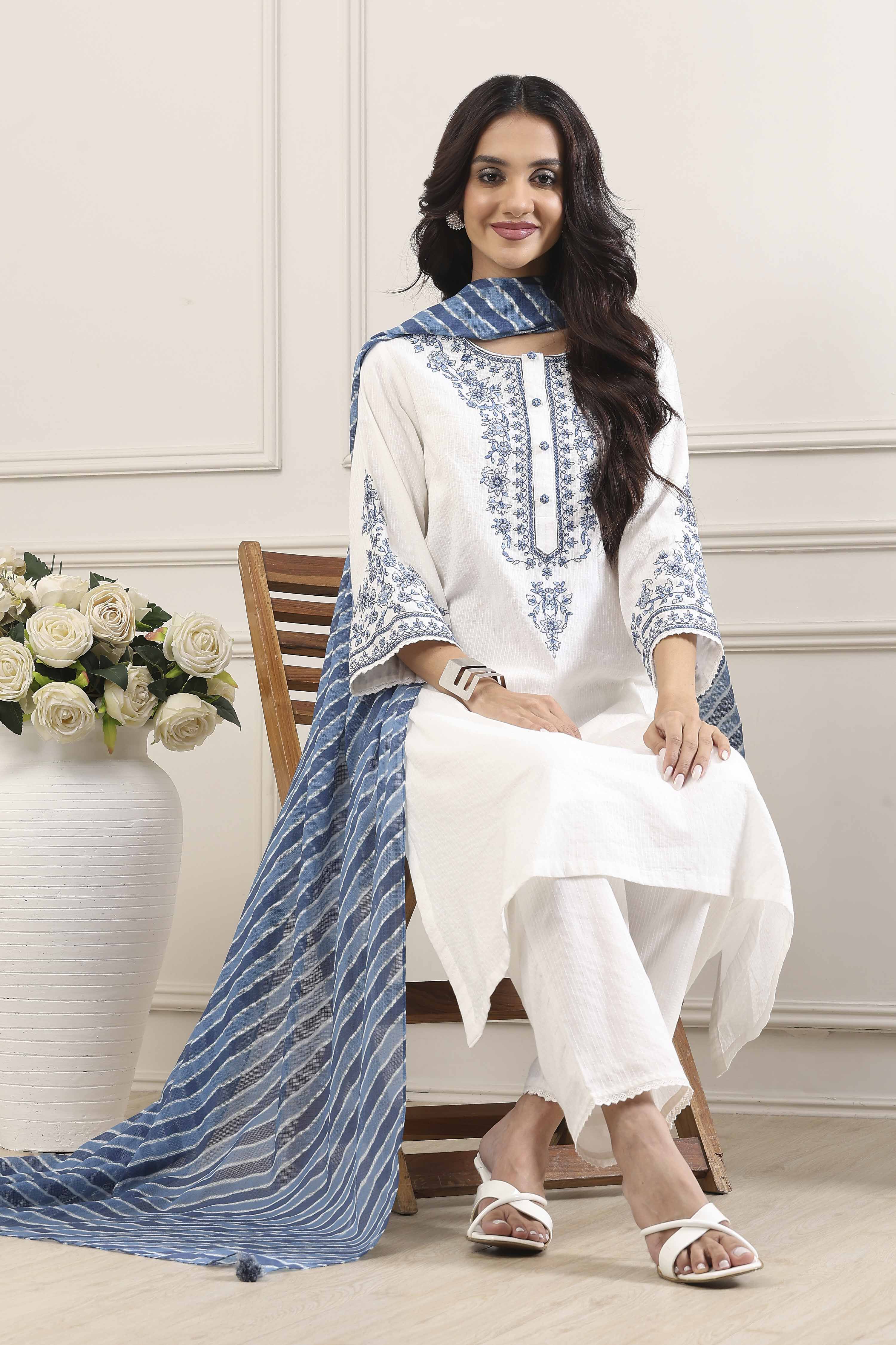 White Cotton Straight Suit Set image number 0