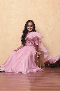 Pink Poly Chanderi Floral Mirror Work Festive Lehenga Set image number 6