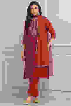 Red Art Silk Straight Kurta Slim Pant Suit Set image number 0