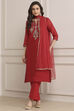 Red Art Silk Straight Kurta Slim Pant Suit Set
