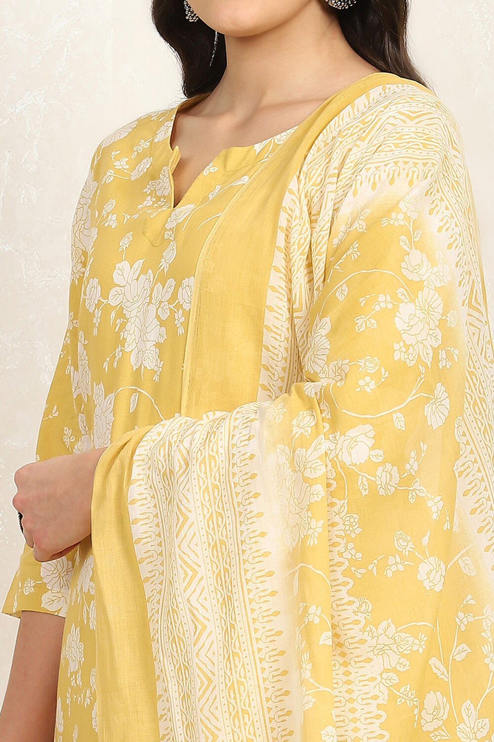 Mustard Yellow Cotton Screen Print Unstitched Suit Set image number 2