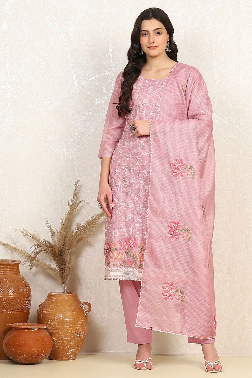 Lavender Cotton Machine Embroidered Unstitched Suit Set image number 7