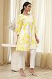 Lime and White Cotton Relaxed Short Kurta image number 4