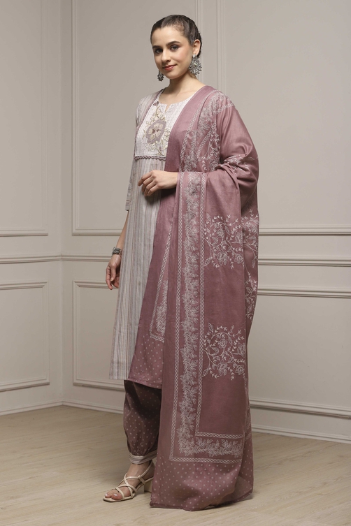 Brown Cotton Blend Printed Unstitched Suit Set image number 4