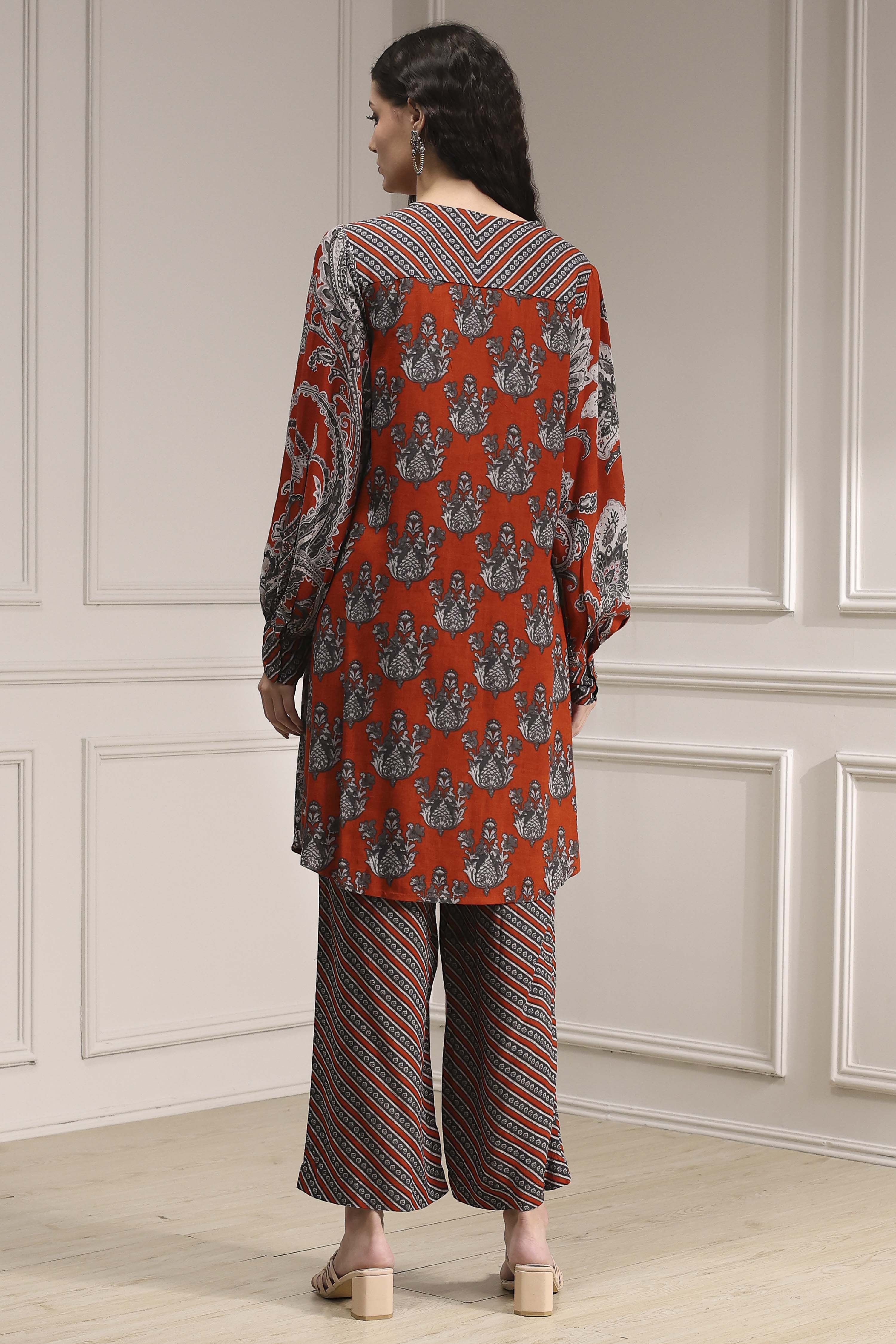 Orange Printed Straight Suit Set image number 4