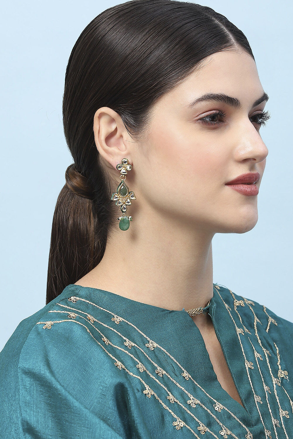 Green Kundan Festive Drop & Danglers image number 1