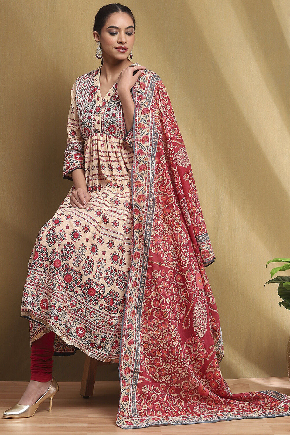 Beige and Red Cotton Anarkali Suit Set image number 0