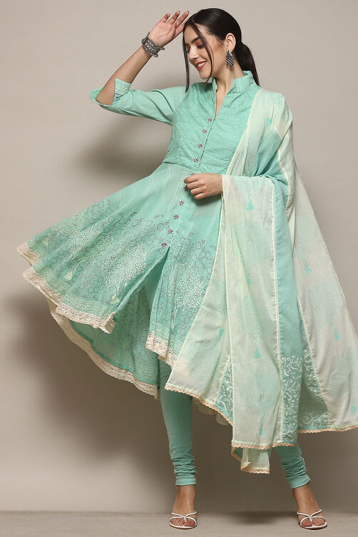 White Cotton Asymmetric Anarkali & Churidar Suit Set image number 0