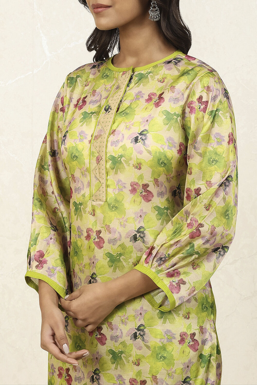 Green Cotton Hand Block Print Unstitched Suit Set image number 2