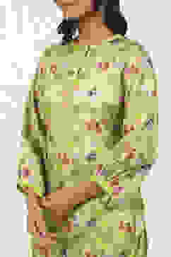 Green Cotton Hand Block Print Unstitched Suit Set image number 2