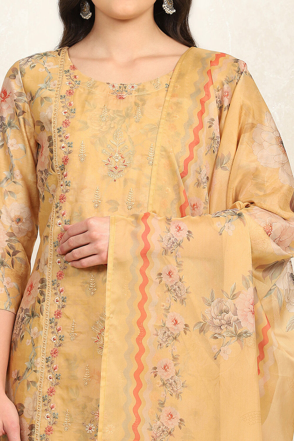 Orange Muslin Unstitched Suit Set image number 2