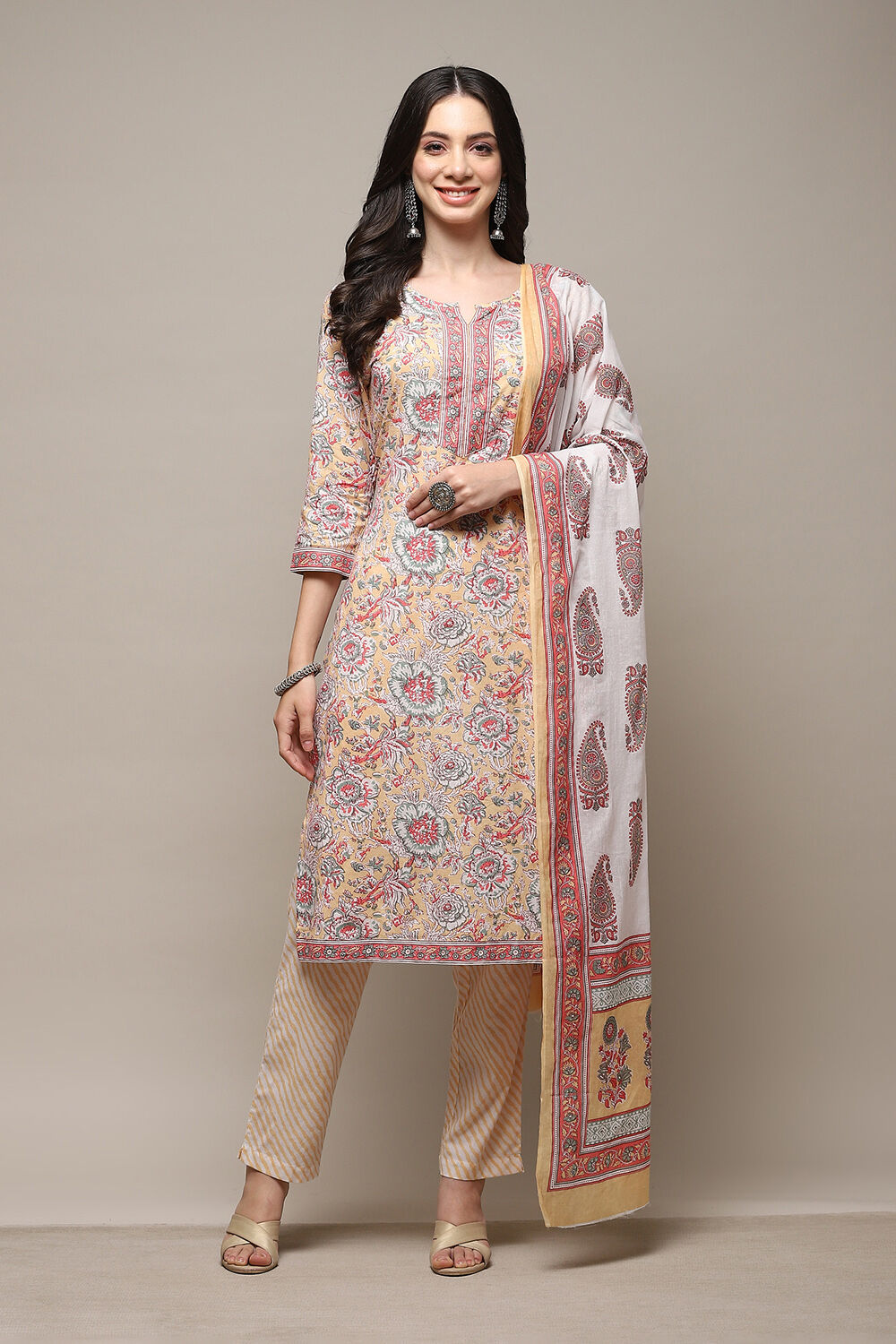 Dull Yellow Cotton Handloom Unstitched Suit Set image number 8