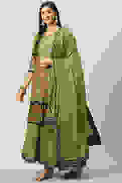 Olive Green Cotton Straight Kurta Sharara Suit Set image number 0