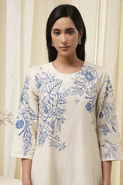 Off-White and Blue Cotton Straight Suit Set image number 1