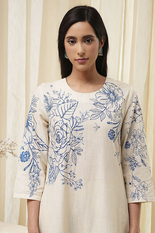 Off-White and Blue Cotton Straight Suit Set image number 1