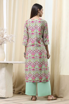 Sea Green Printed Straight Suit Set image number 4