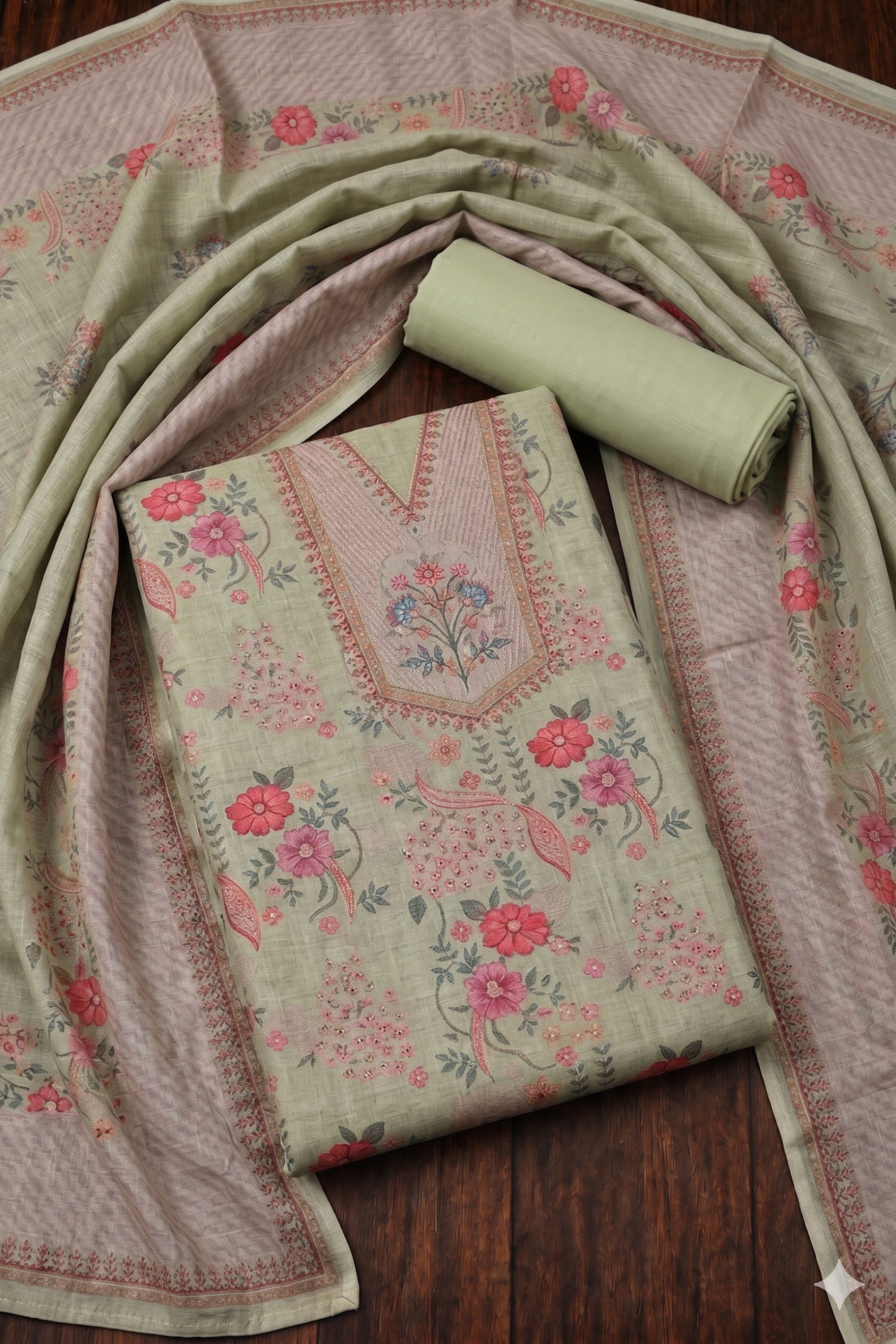 Peach Linen Floral Print With Handwork Unstitched Suit Set image number 0
