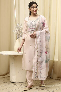 Beige Cotton Blend Machine Embroidered Unstitched Suit Set image number 1