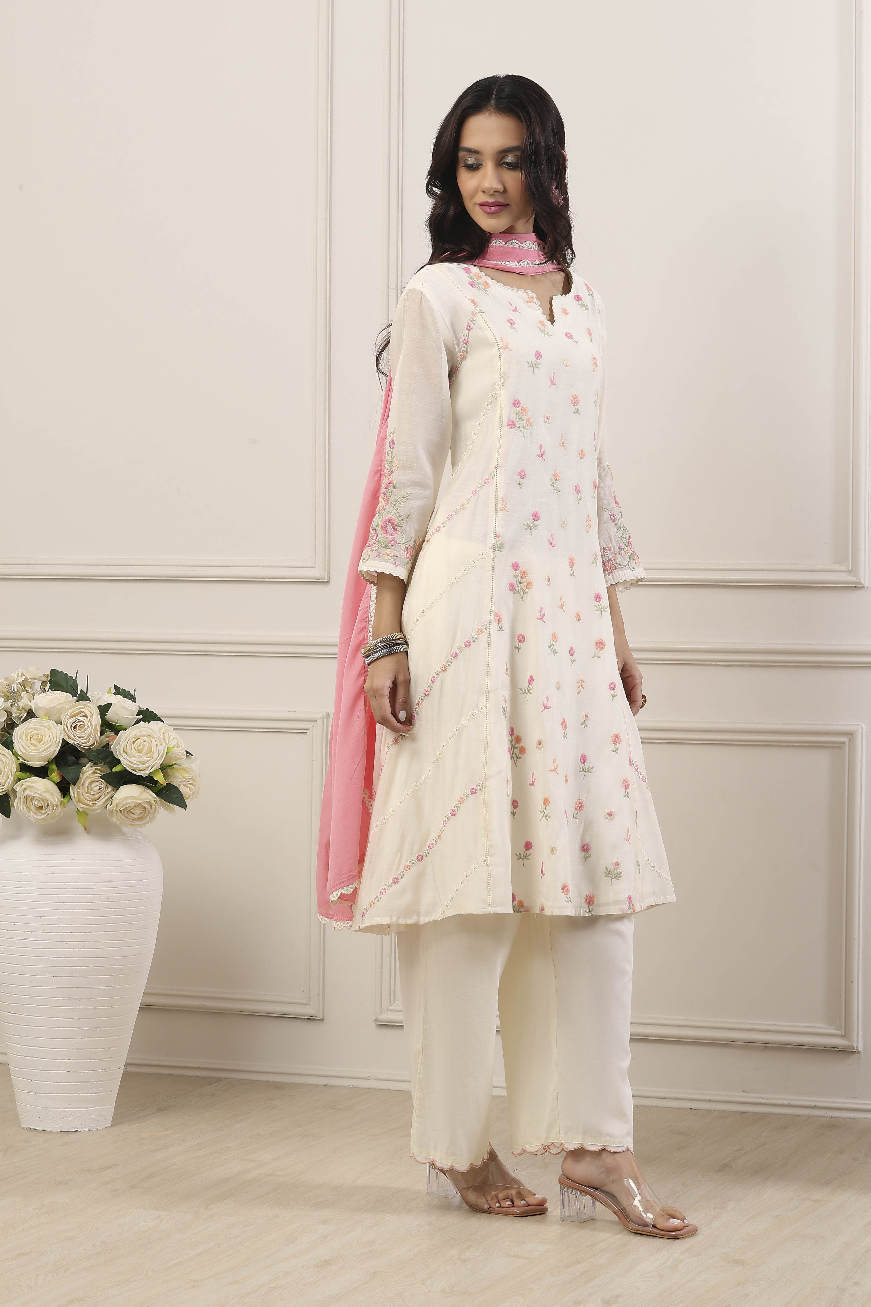 White Poly Chanderi Kalidar Suit Set image number 5